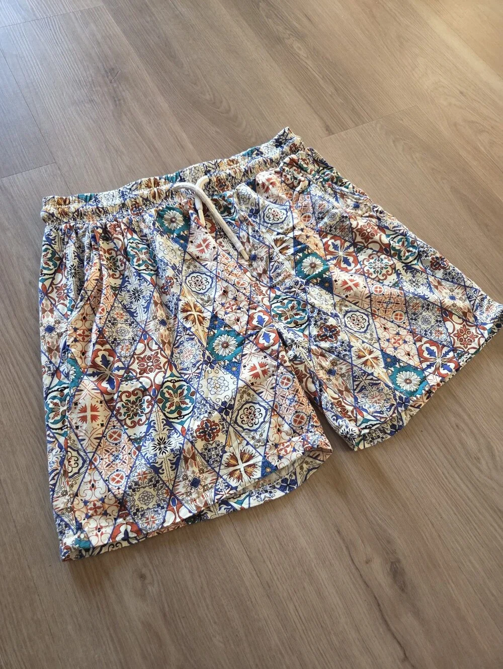 Thomas Collection Taborne Tropical Drawstring Shorts L Vacay Resort Preppy Ecru